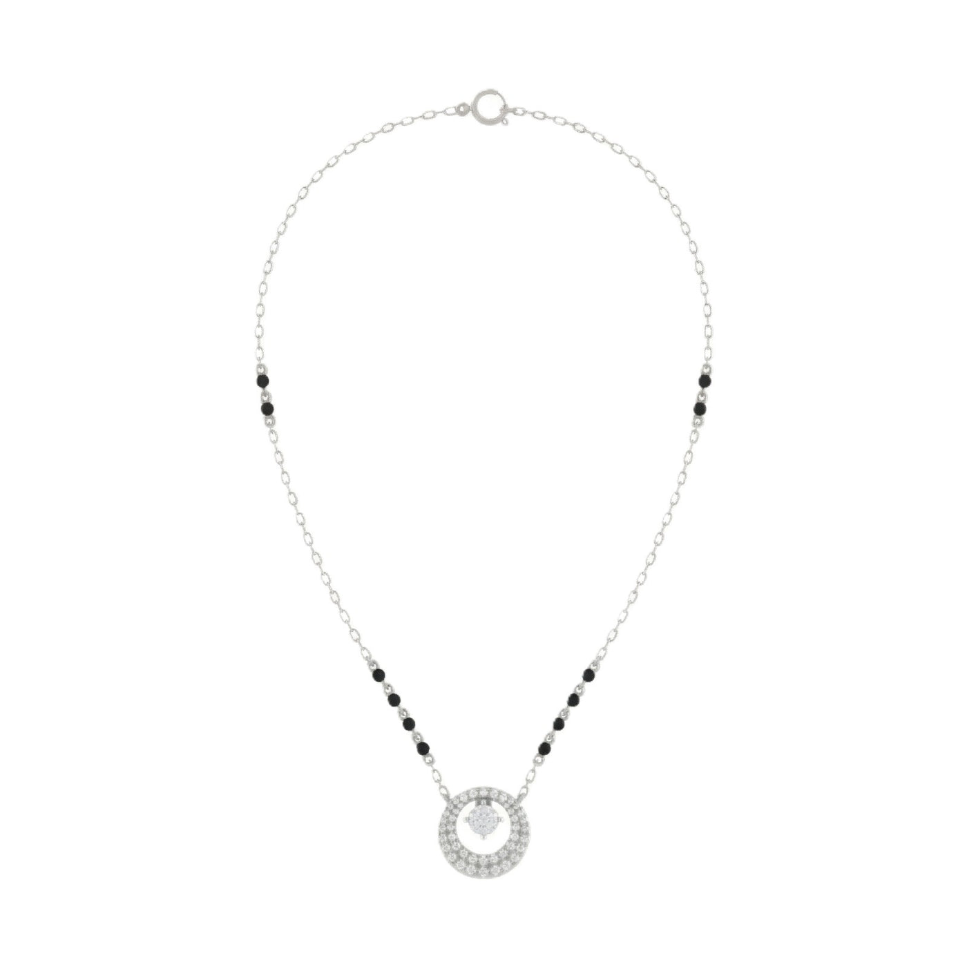 white Gold and diamond mangalsutra with a circular diamond on a white background