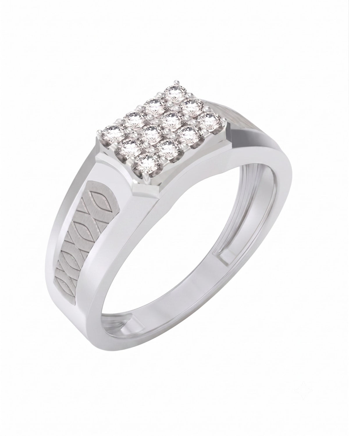 A ring featuring a white gold band with square-shaped pavé setting, shown on a plain white background.
