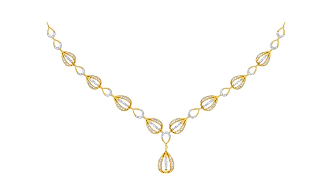 Yellow gold and diamond necklace with a teardrop shaped, on a plain white background.