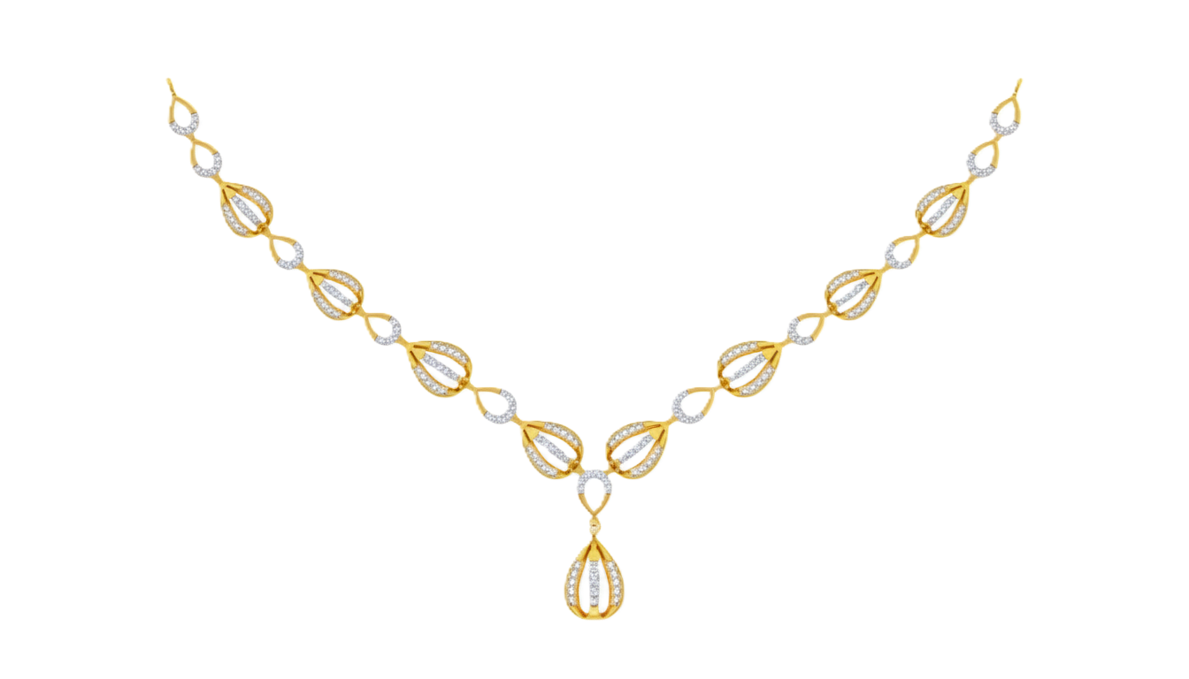 Yellow gold and diamond necklace with teardrop-shaped design on a white background