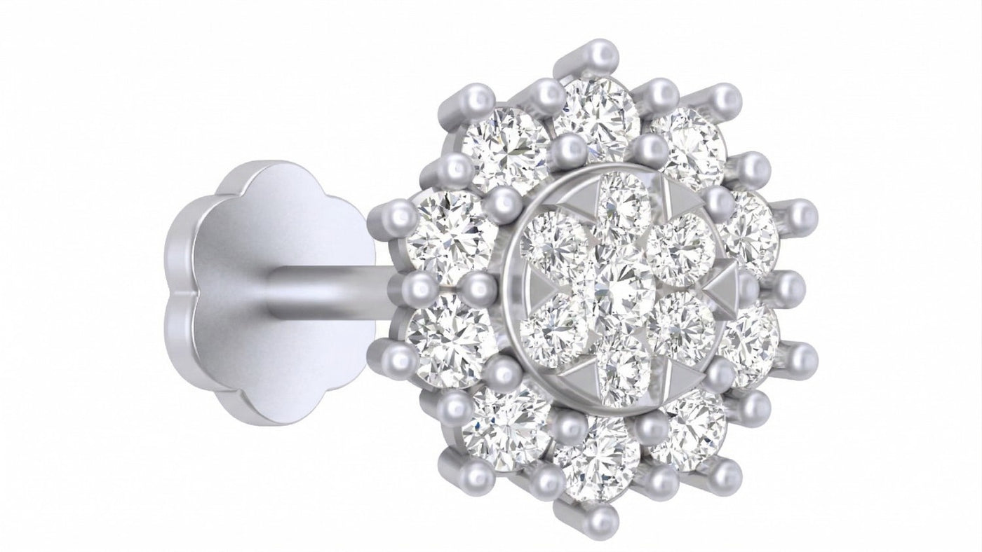 white gold and diamond stud nose pin with clear stones on a white background