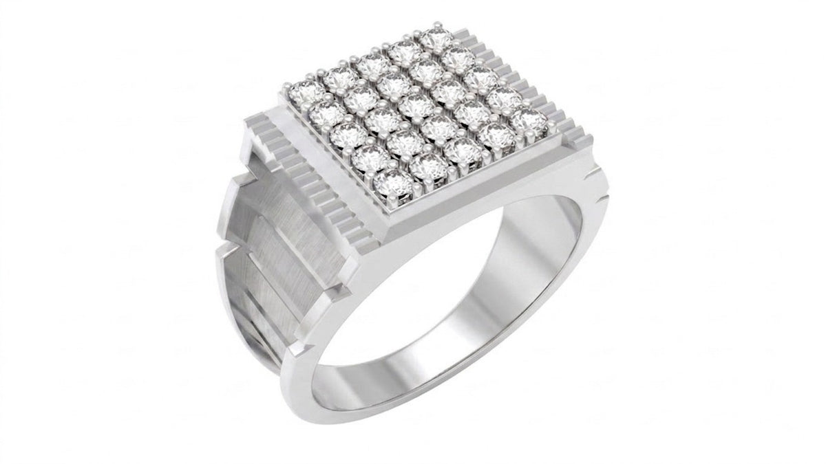 A white gold ring with a square top, shown on a plain white background.