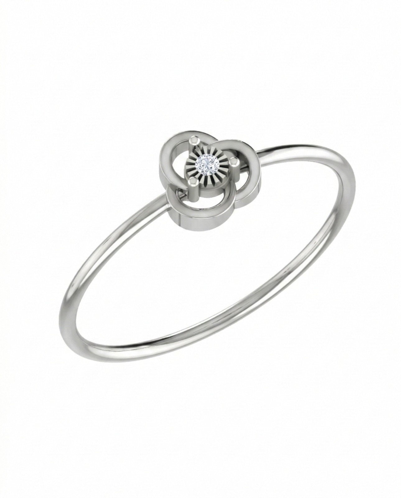 White gold ring with a central diamond on a white background