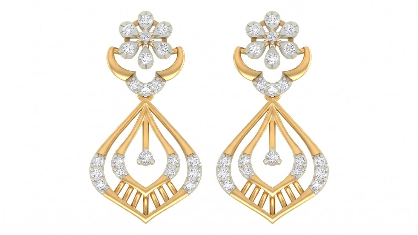 Pair of yellow gold and diamond earrings with diamond accents on a white background

