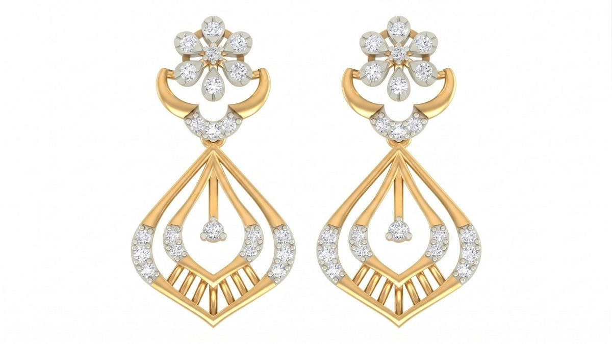 Pair of yellow gold and diamond earrings with diamond accents on a white background