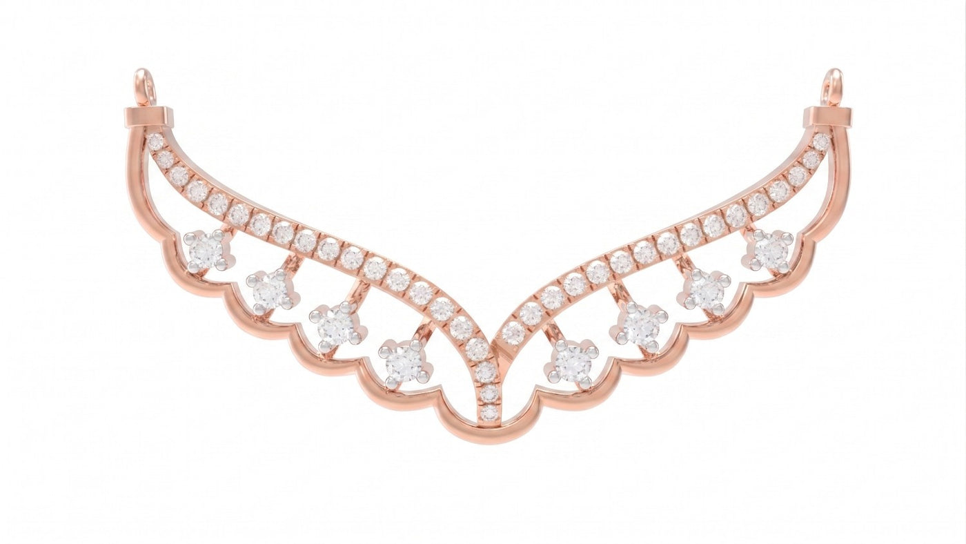 rose gold and diamond mangalsutra with a clear stones and dangling floral motifs, shown on a plain white background.