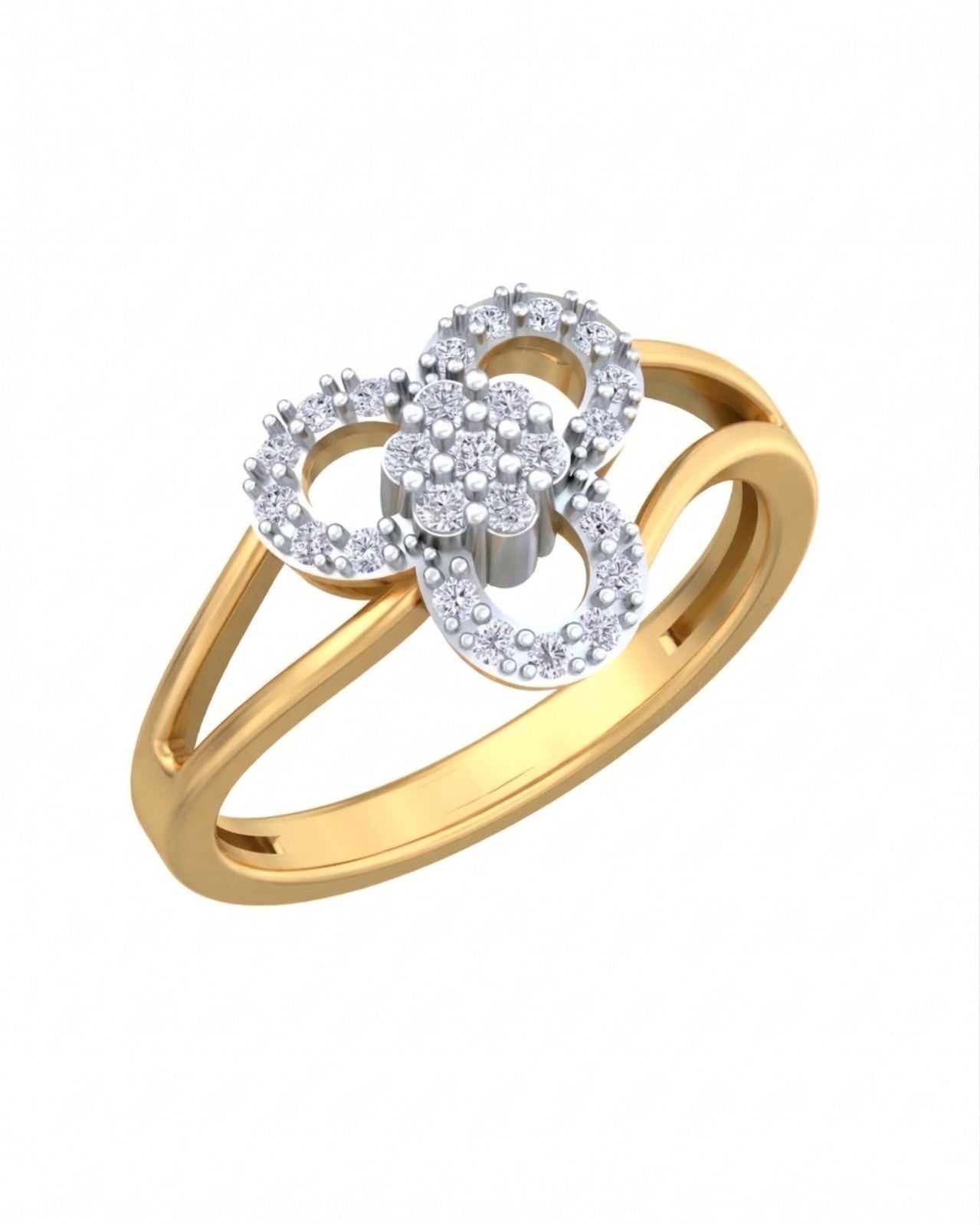 Yellow gold and diamond ring with diamond accents on a white background