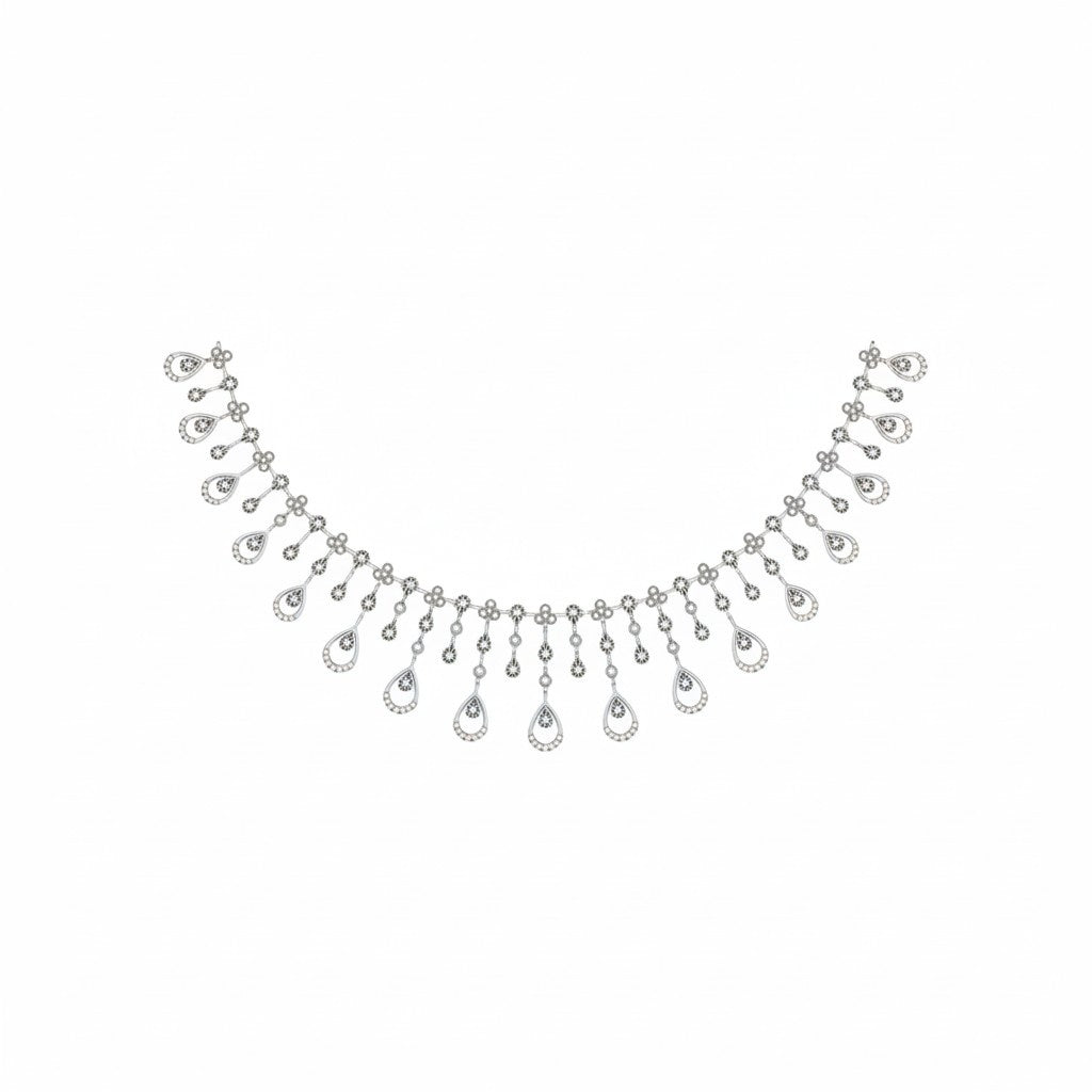 A silver-toned teardrop dangle necklace with a delicate chain and multiple cascading teardrop charms on a plain white background.
