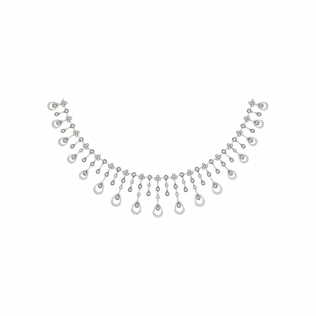 A white gold and diamond teardrop necklace, displayed on a solid white background.