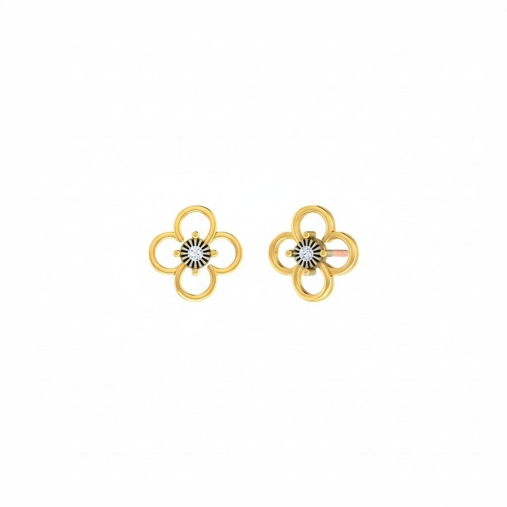 Yellow gold and diamond floral earrings on a white background.