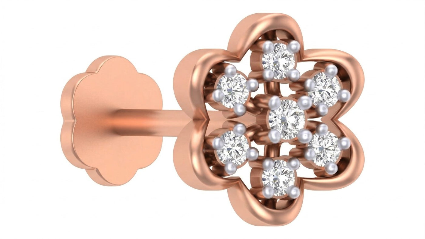 rose gold and diamond stud nose pin on a white background