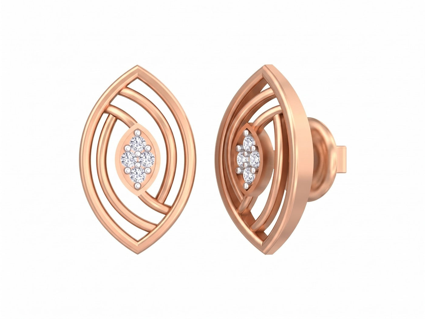Rose gold earrings with diamond accents on a white background.