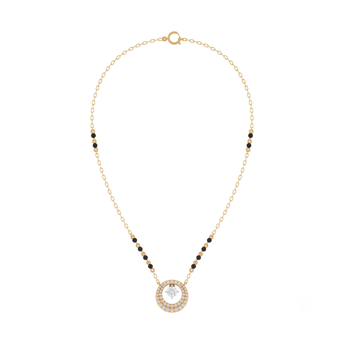 Yellow gold and diamond mangalsutra with black and clear beads on a white background