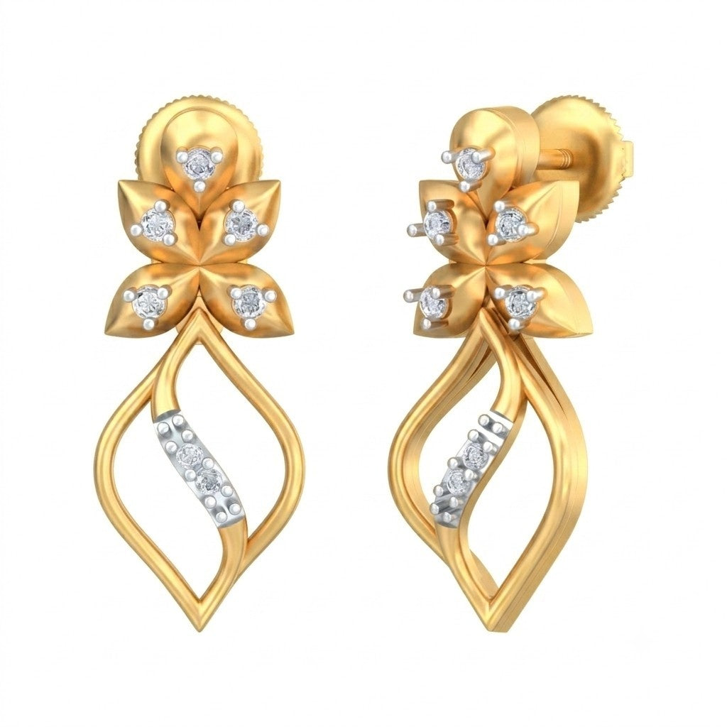 Yellow gold and diamond drop earrings with floral design on a white background