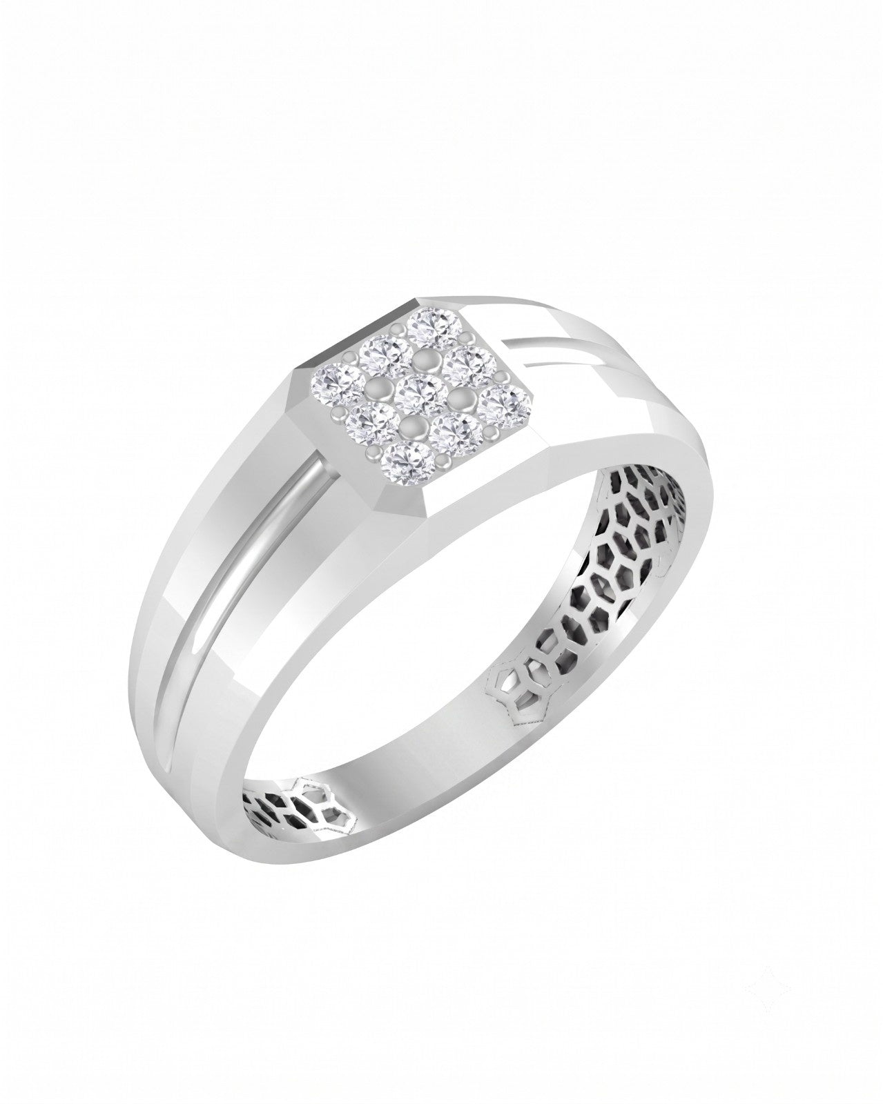 White gold and diamond band ring for men featuring a sparkling diamond accents.