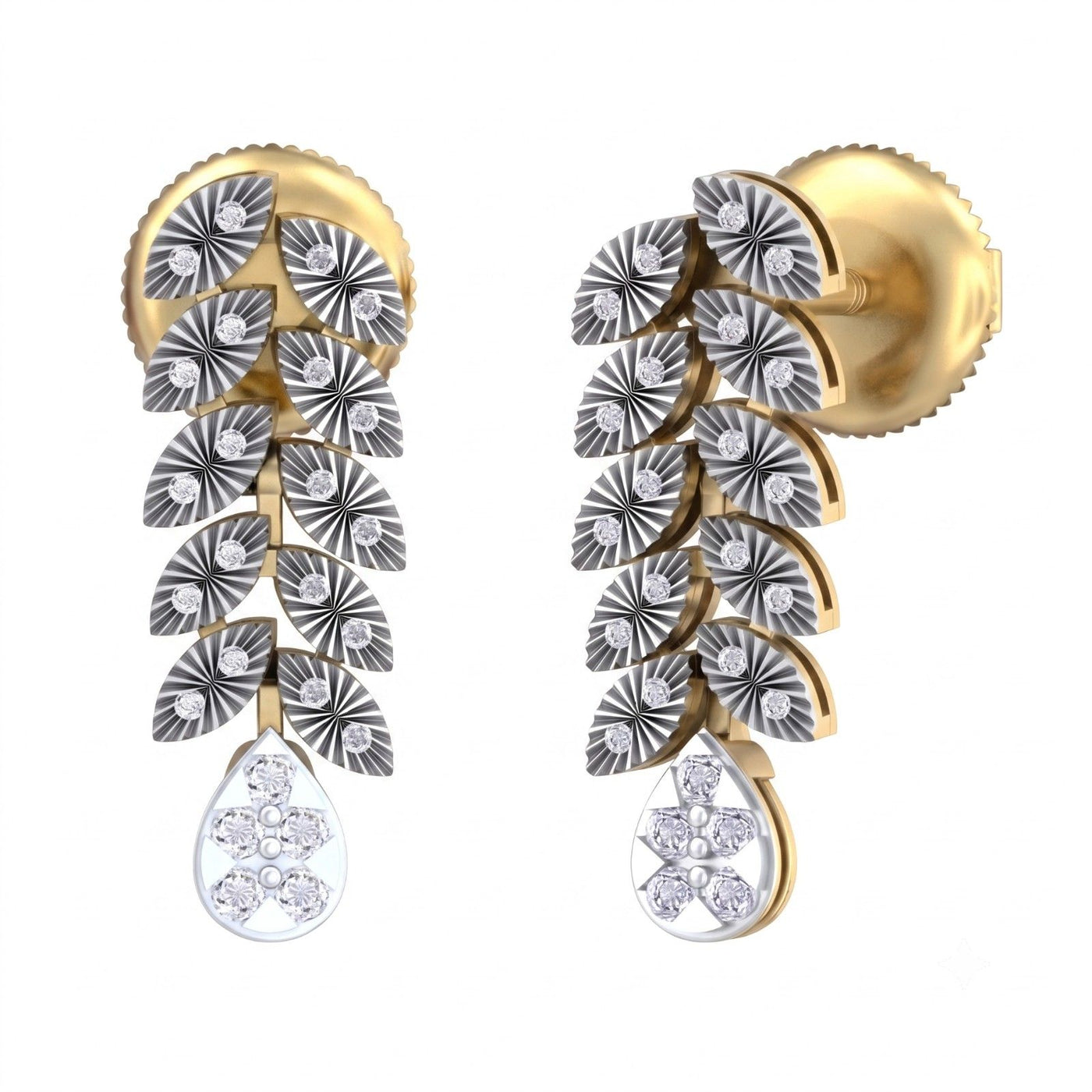 A pair of yellow gold and diamond dangler earrings with a  leaf design, shown against a plain white background.