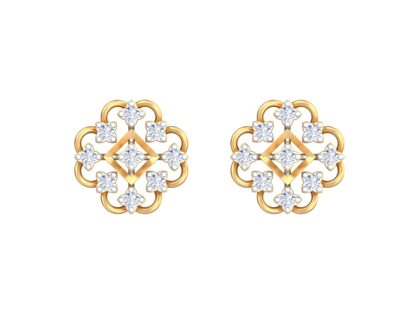 Yellow gold and diamond stud earring with floral-design on a white background.