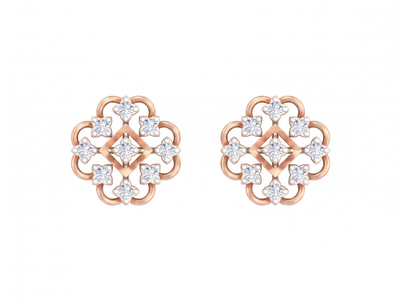 Rose gold and diamond stud earring with floral-design on a white background.