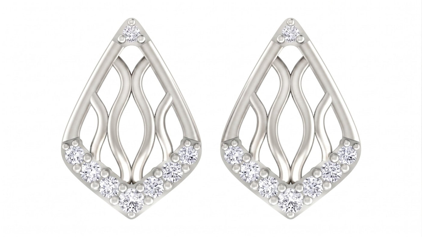 White gold and diamond Geometric stud earring on a white background.