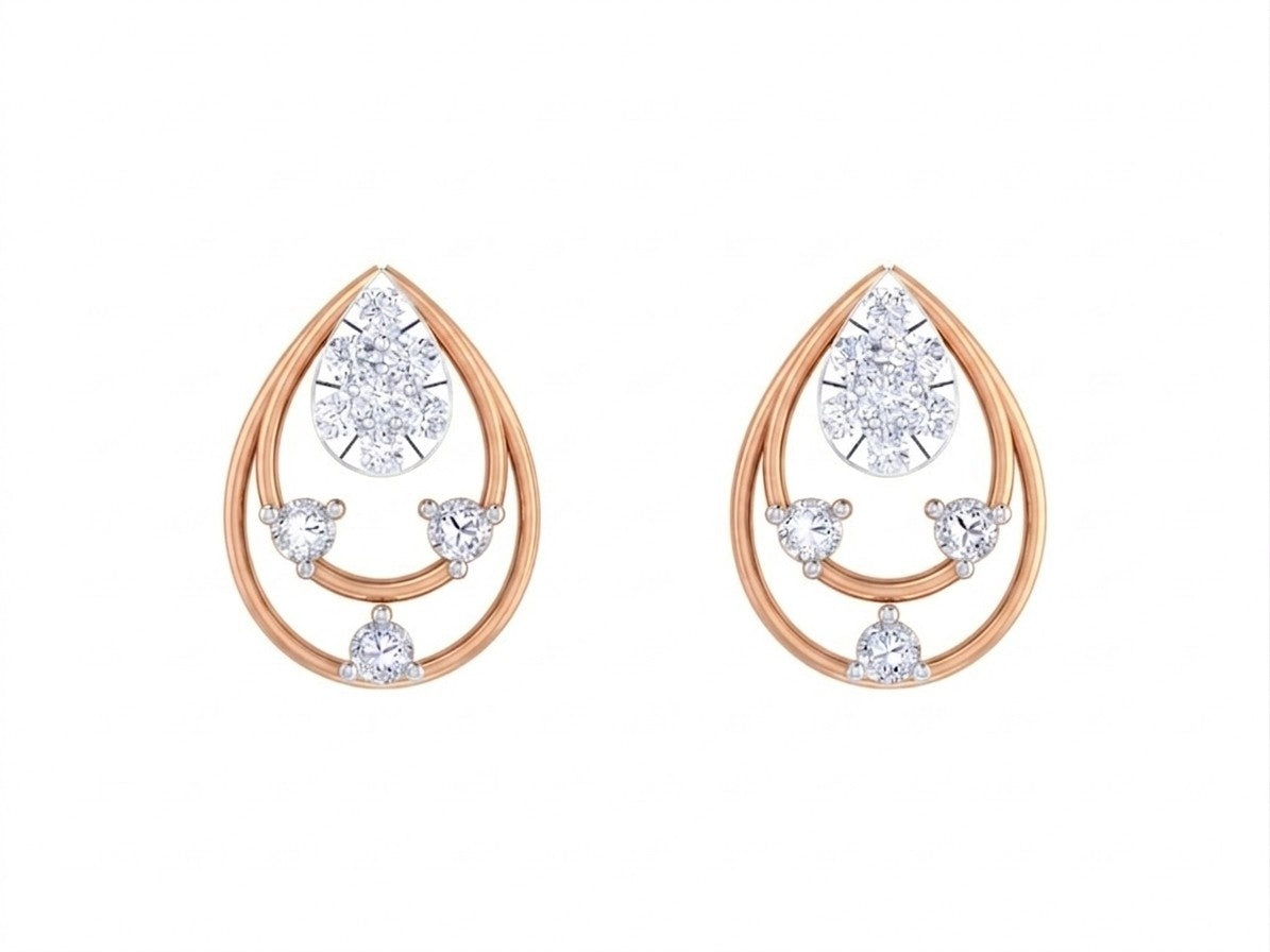 Rose gold and diamond stud earring with teardrop-design on a white background.