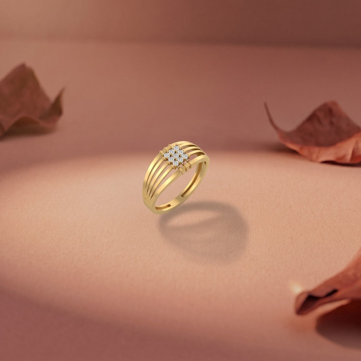 Gold ring with a diamond on a brown background.