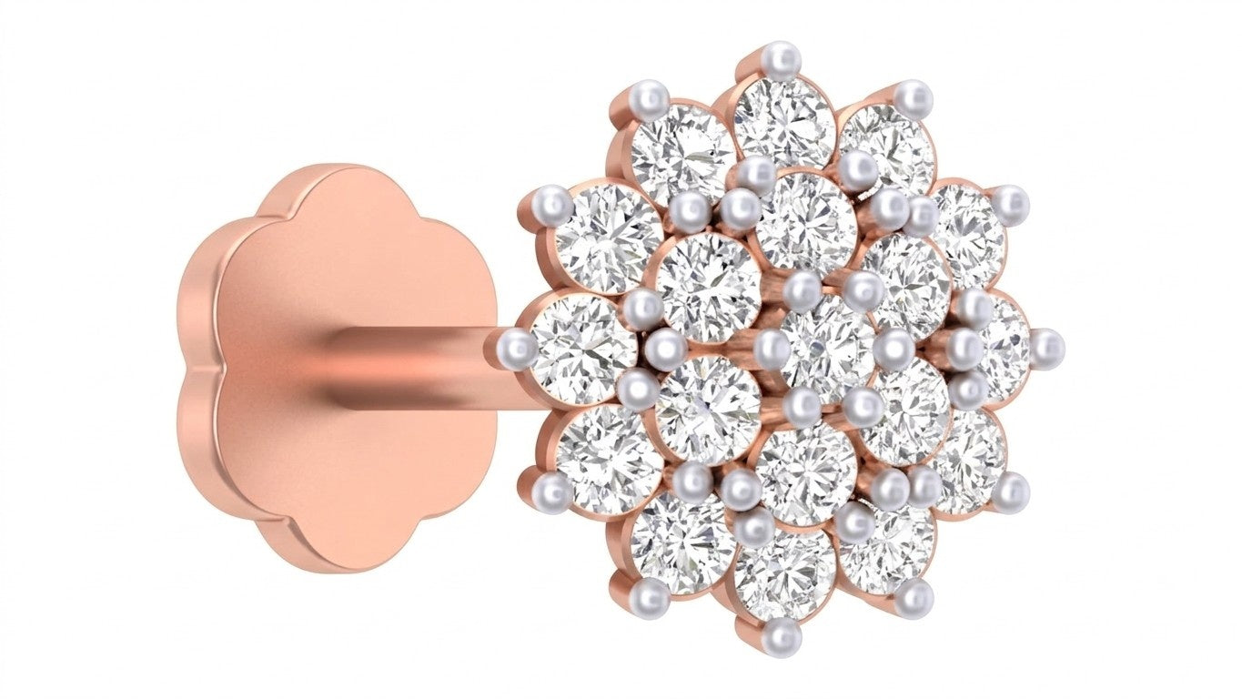 Pair of rose gold and diamond stud nose pin on a white background.