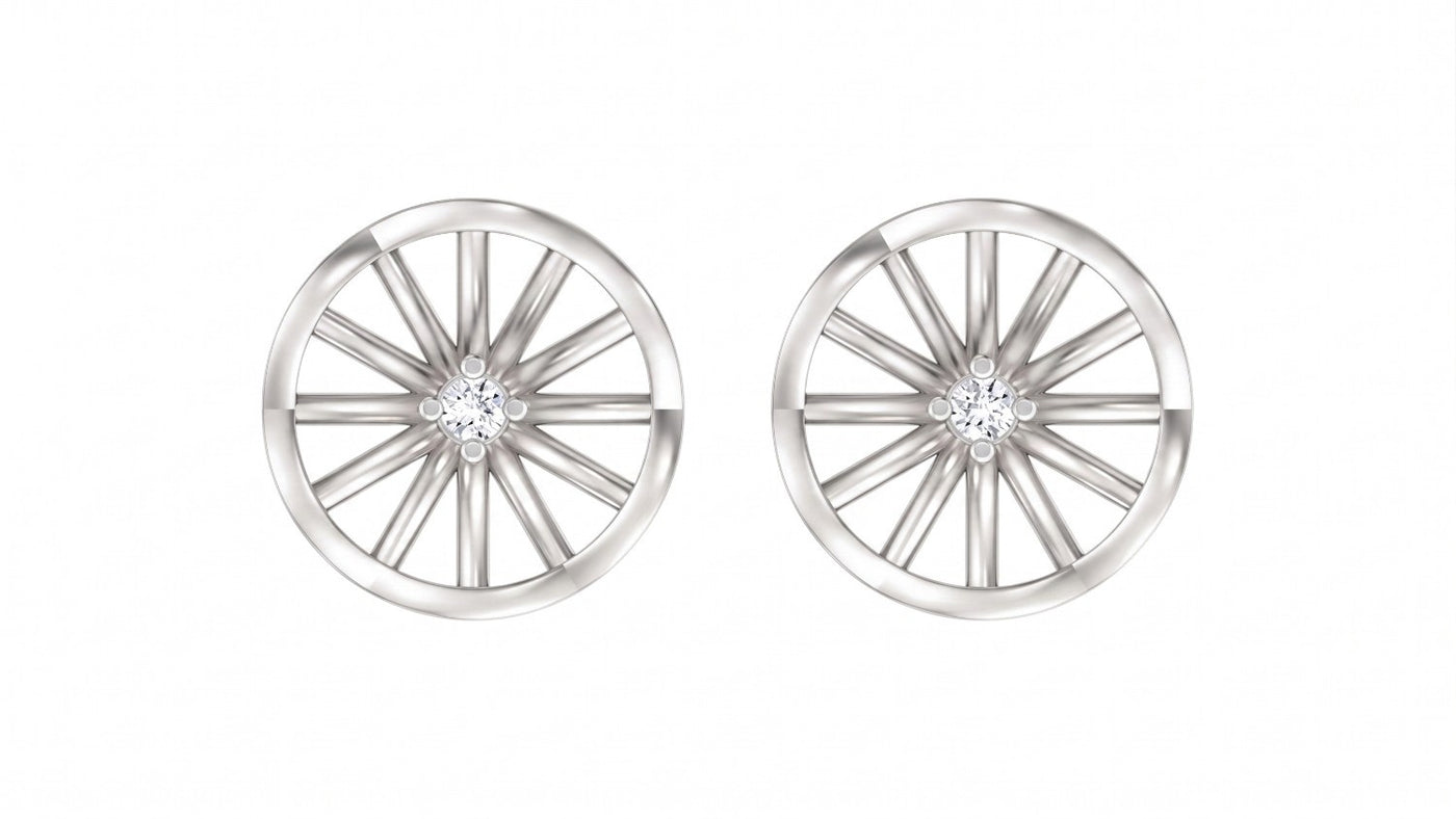 White gold and diamond round-shaped stud earrings on a white background