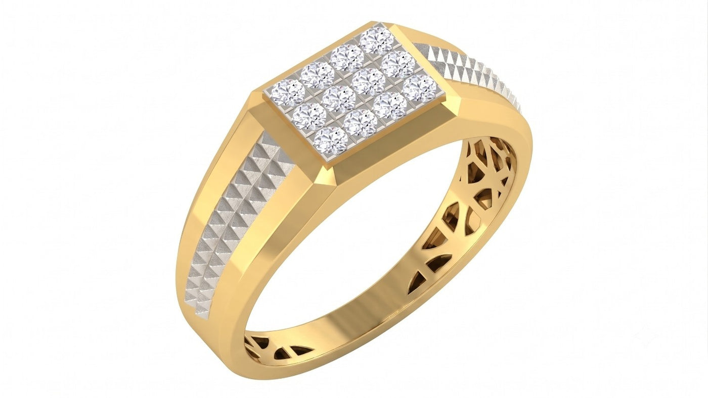 A yellow gold ring with a rectangular diamond cluster setting and textured, shown on a plain white background.