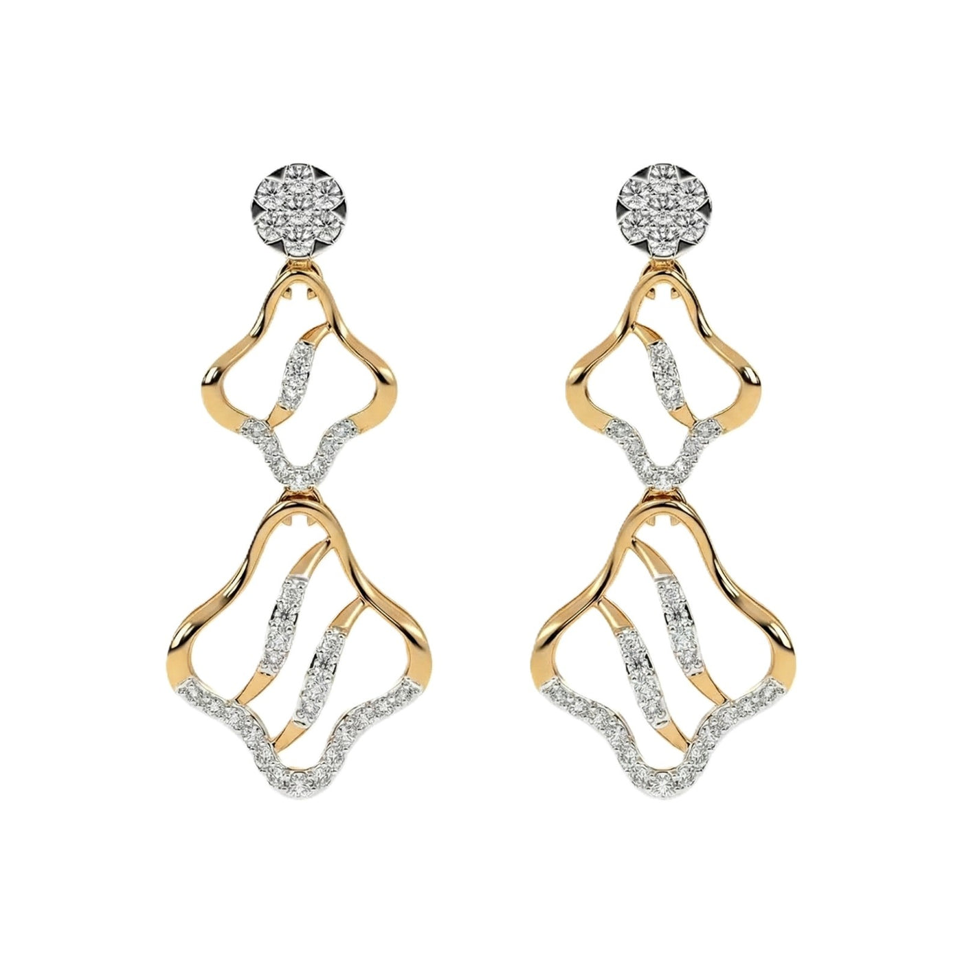 A pair of yellow gold earrings with diamond accents, featuring an elegant, intricate design.