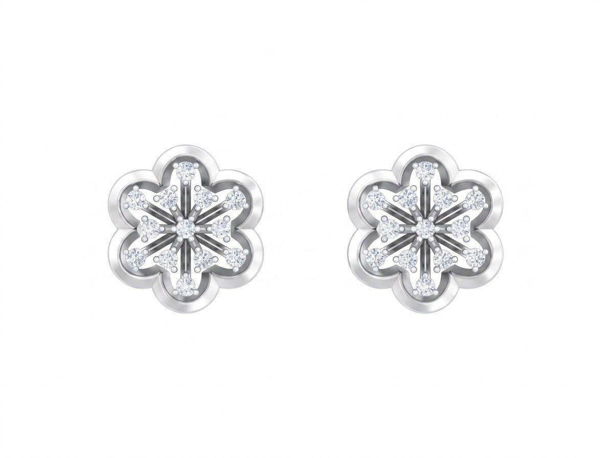 White gold and diamond stud earring with floral-design on a white background.