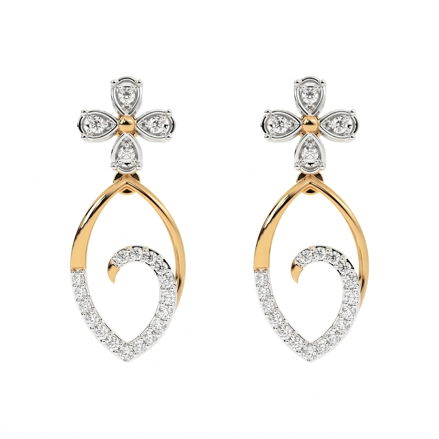 A pair of yellow gold earrings with diamond accents, featuring a floral design on top and a teardrop shape with diamonds encircling the lower part.