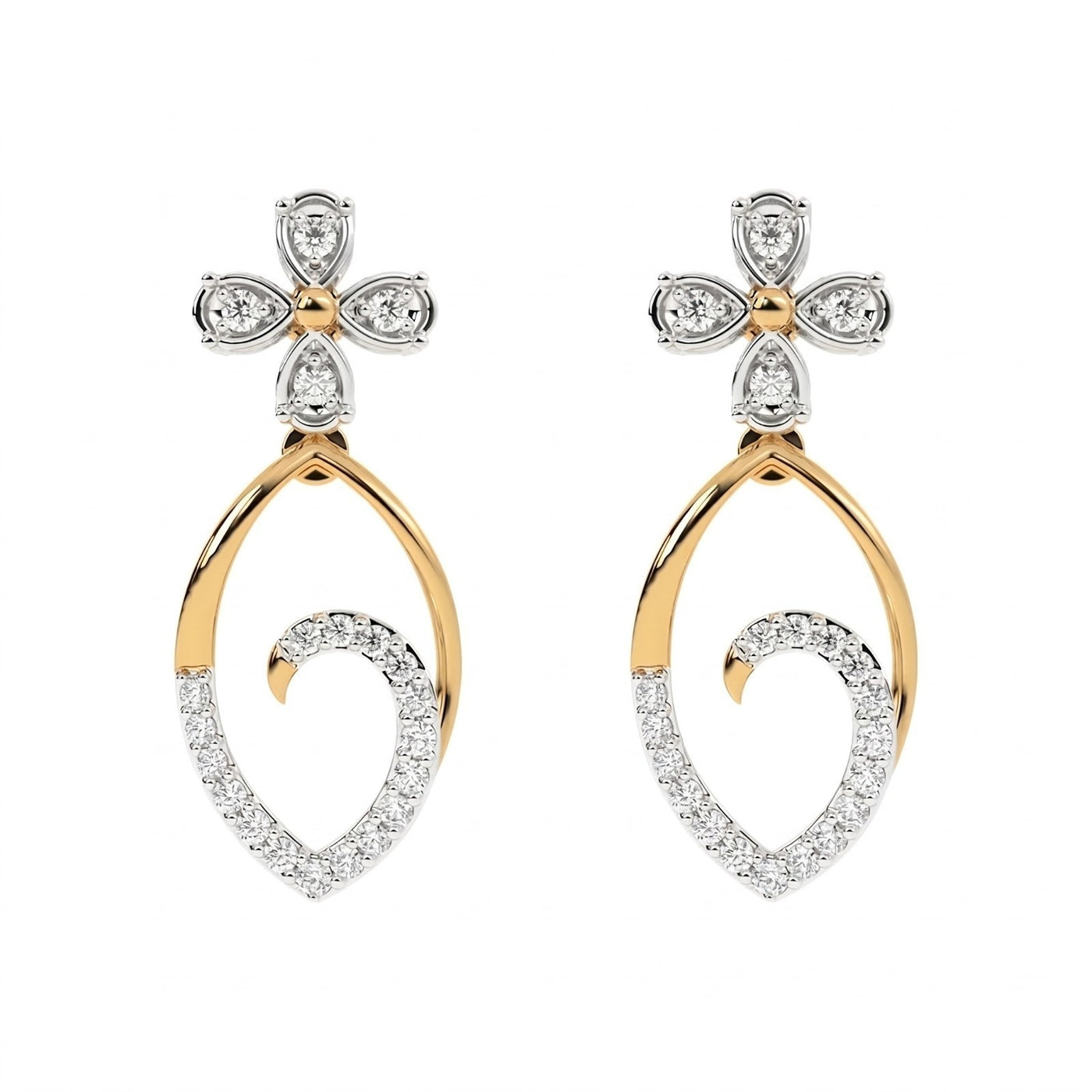 A pair of yellow gold earrings with diamond accents, featuring a floral design on top and a teardrop shape with diamonds encircling the lower part.