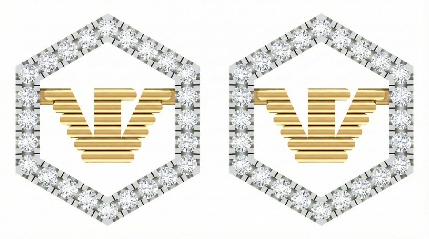 Pair of yellow gold and diamond-studded hexagonal frames earrings on a white background.