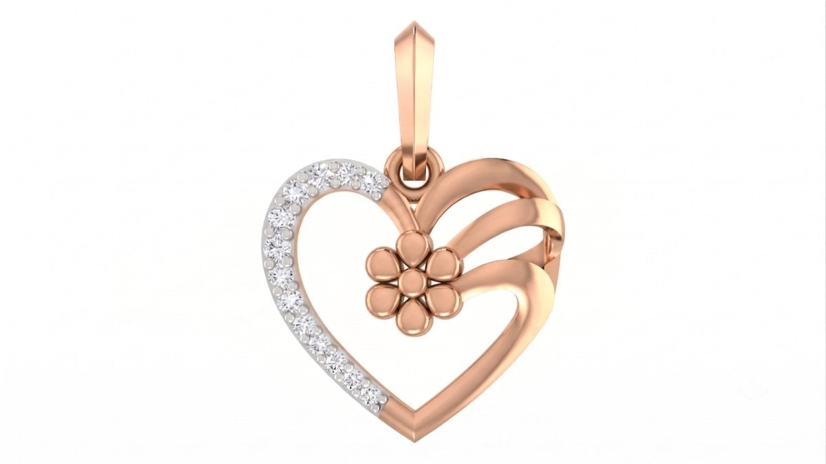 Rose gold heart-shaped pendant with a floral design on a white background