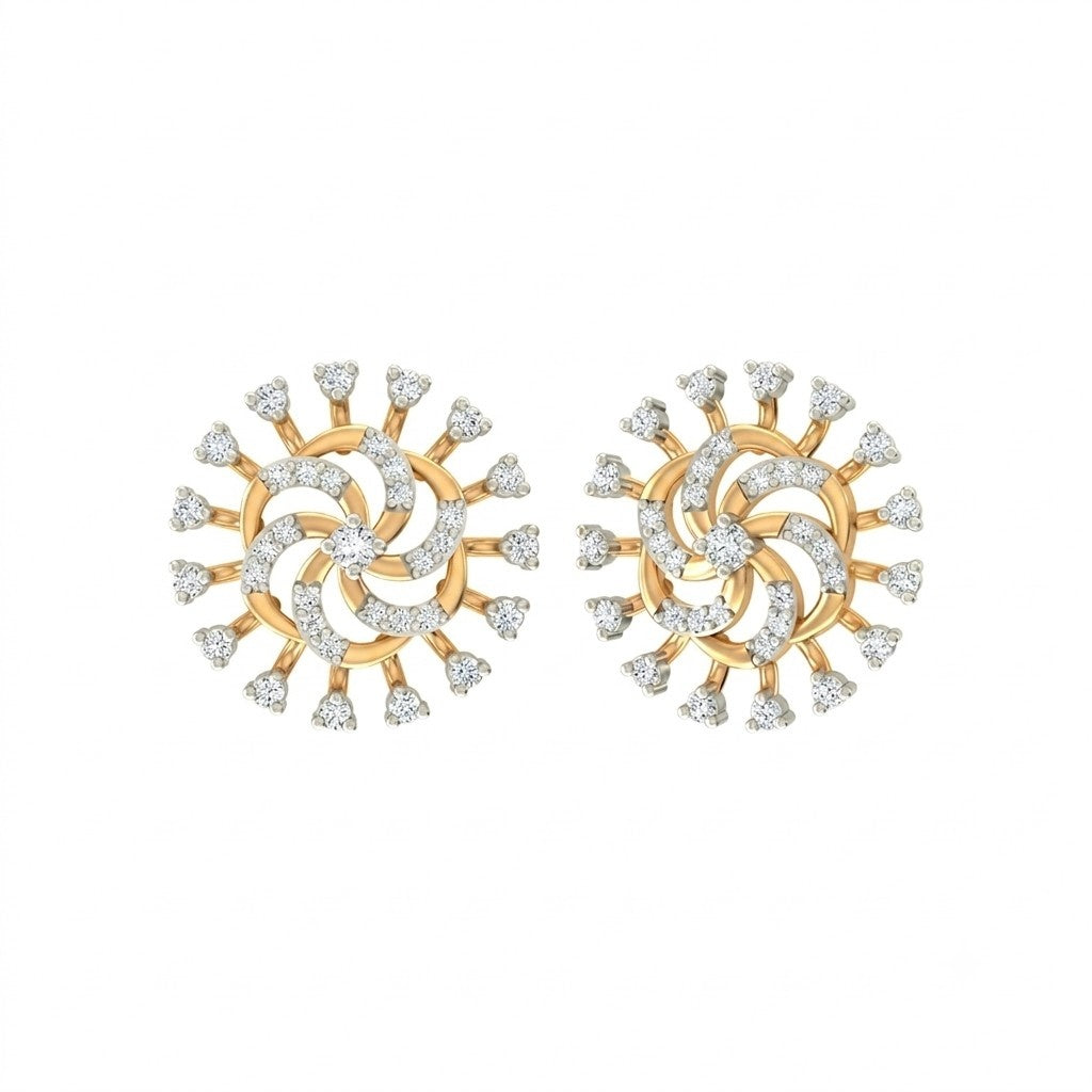 Gold and diamond floral women stud earrings with radiant diamond accents in yellow gold.