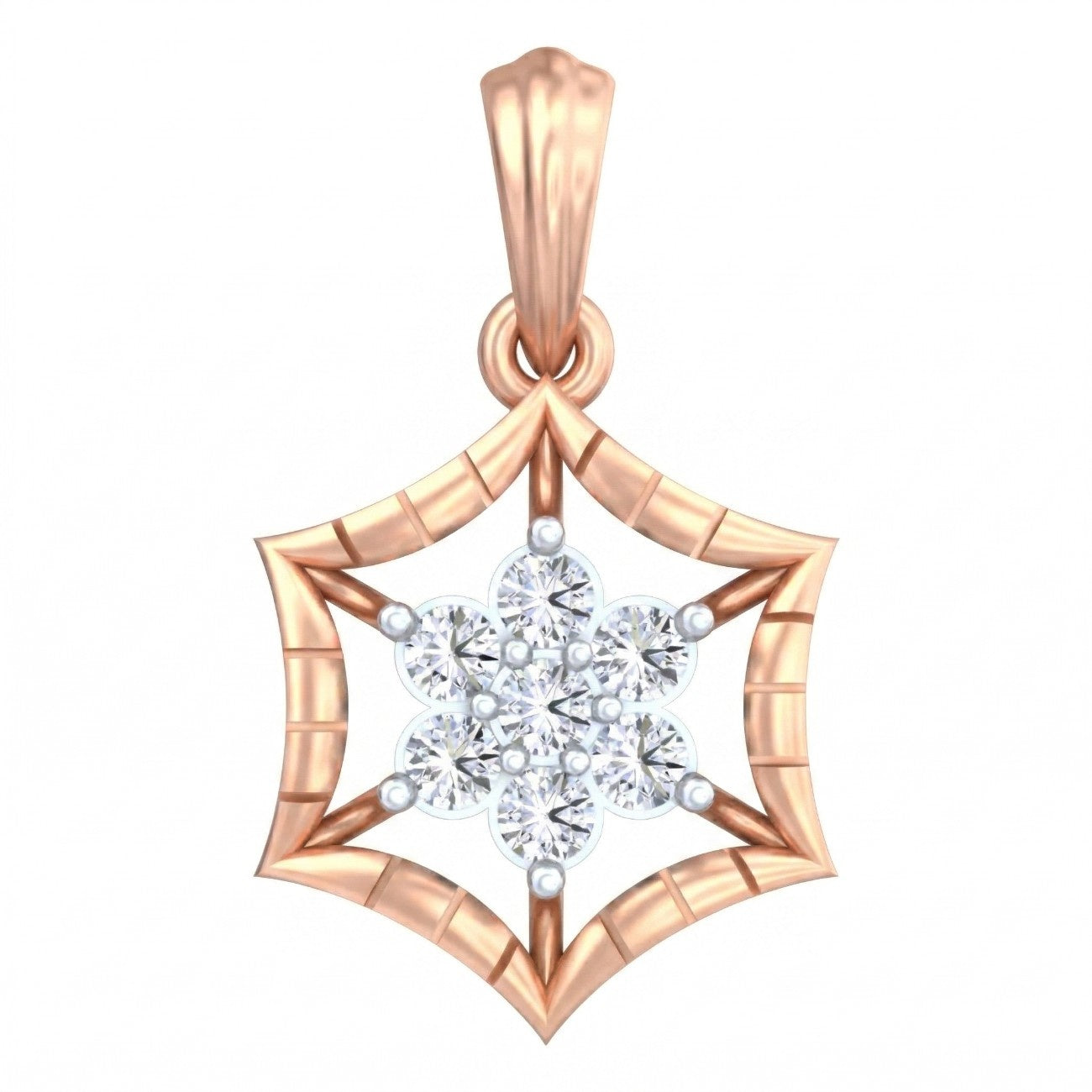 Rose gold and diamond floral pendant on white background