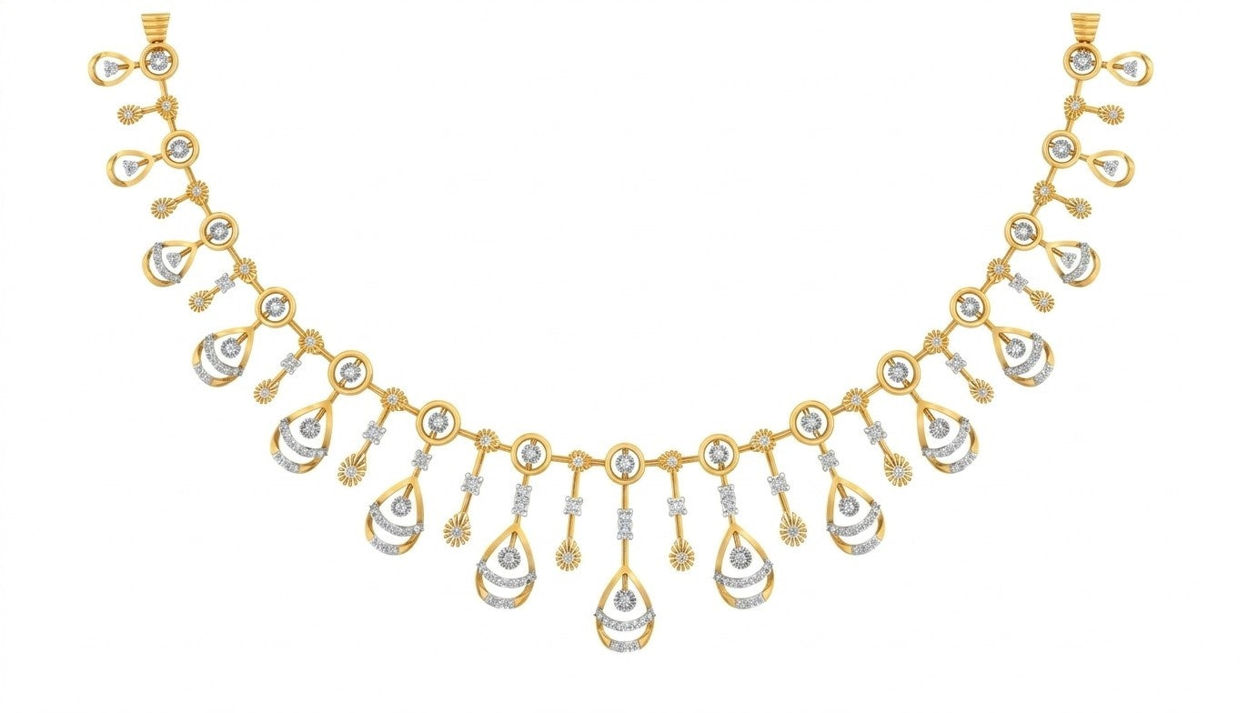 Gold and white stone necklace with teardrop-shaped drops and small round stones, displayed on a plain white background.