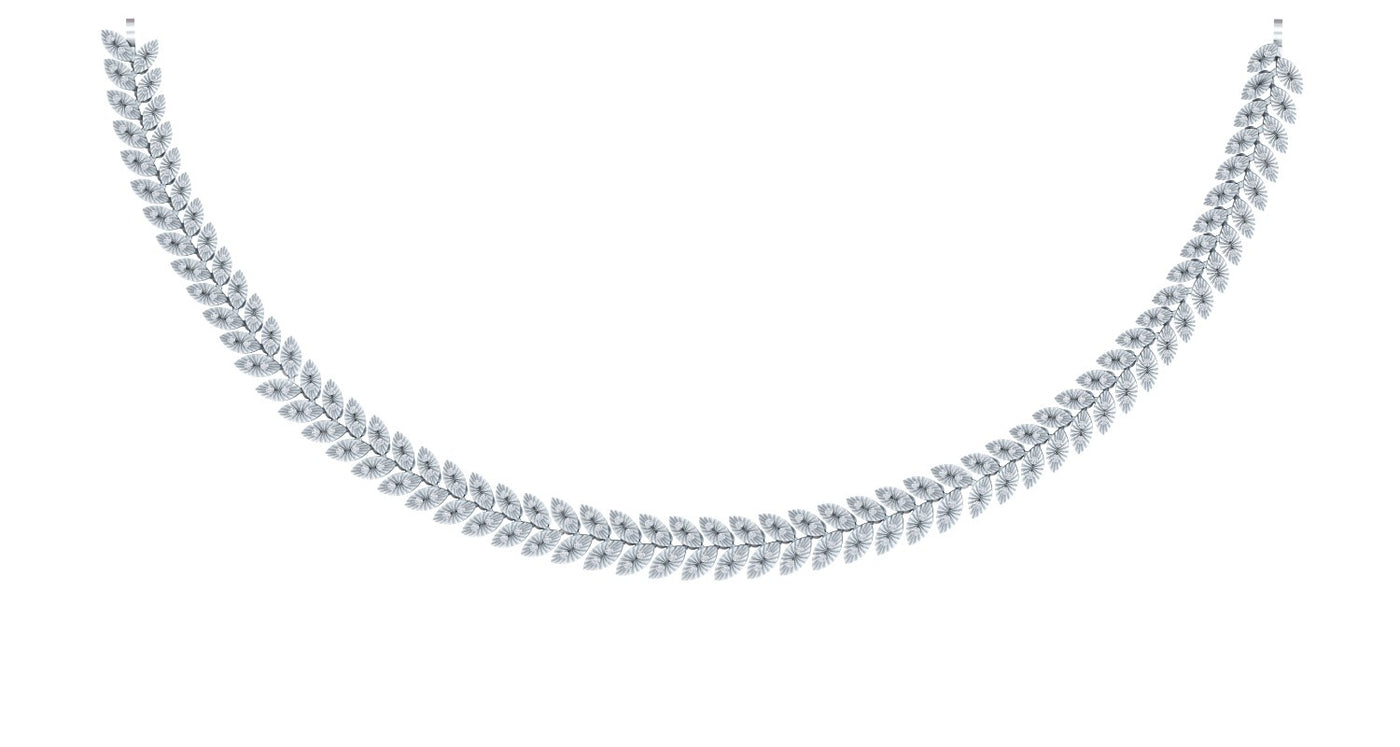 A white gold chain necklace with a repeating leaf or motif, displayed against a solid white background.