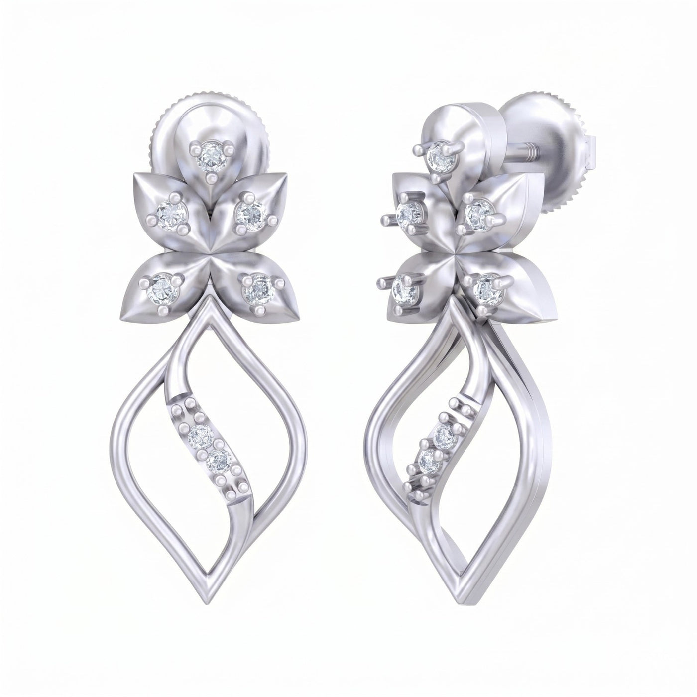 White gold and diamond drop earrings with floral design on a white background