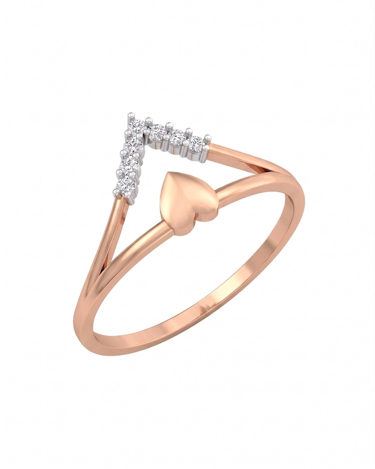 Rose gold ring with diamond accents on a white background