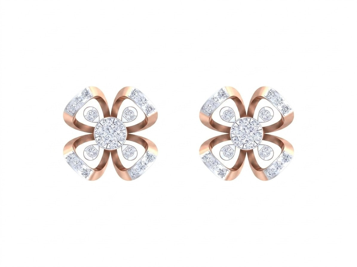 A pair of rose gold and diamond floral stud earrings on a white background.
