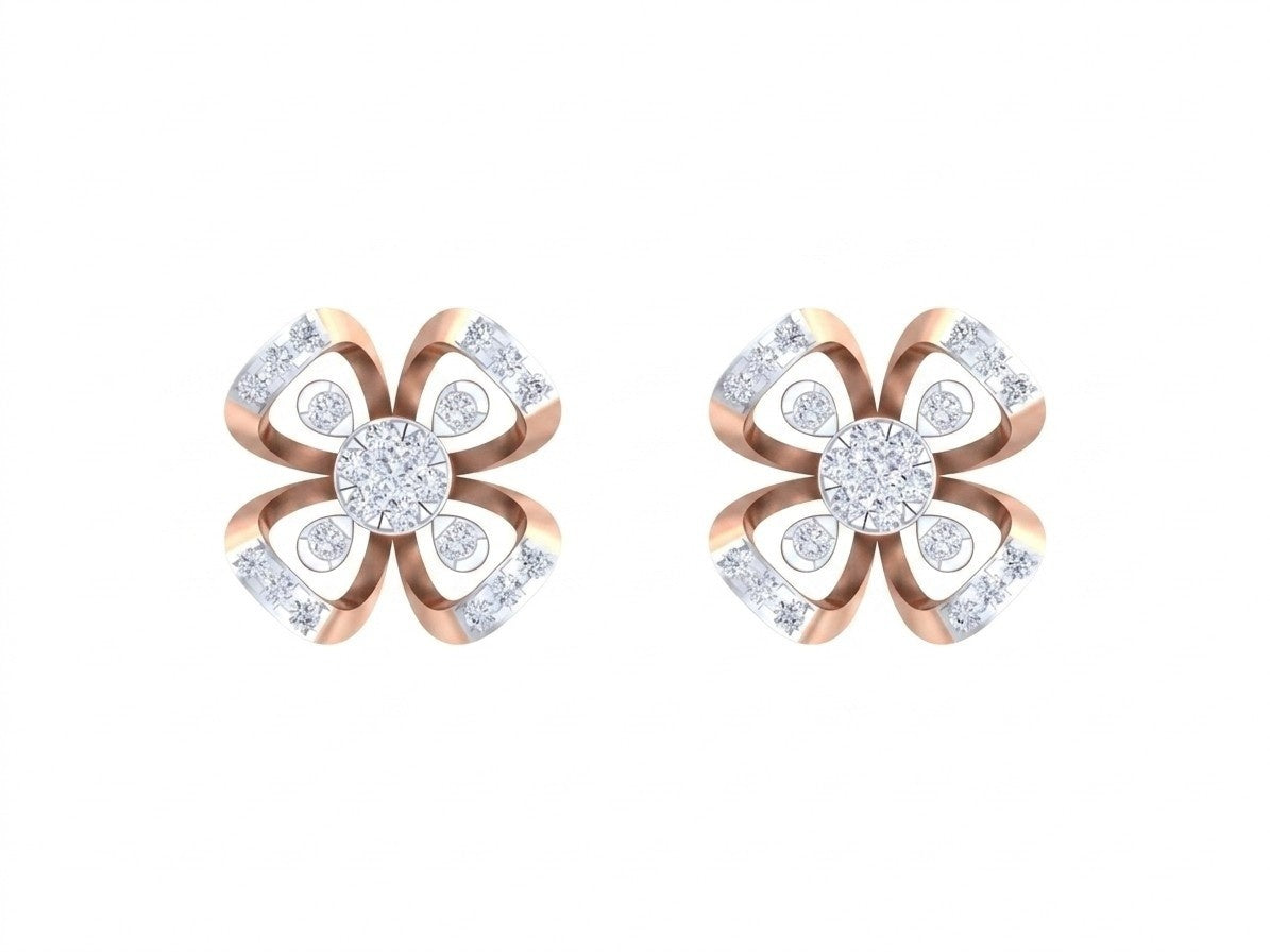 A pair of rose gold and diamond floral stud earrings on a white background.