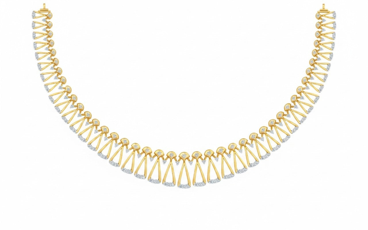 Yellow gold and diamond necklace with clear stones on a white background