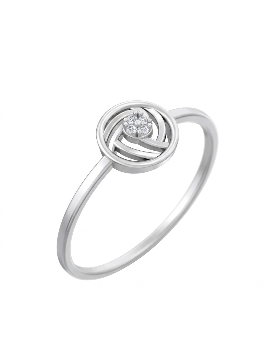 White gold ring with a diamond set in a knot design on a white background
