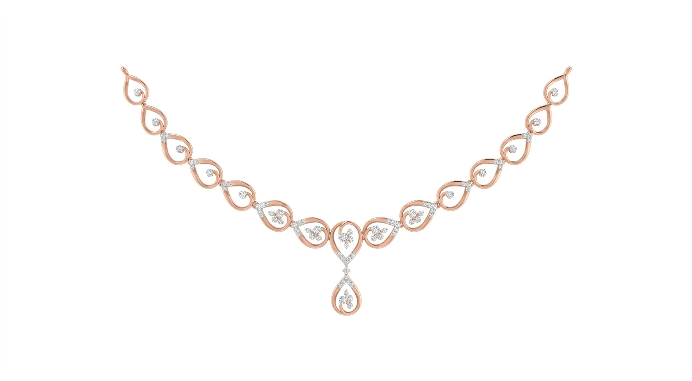 Rose gold necklace with heart and teardrop design on a white background