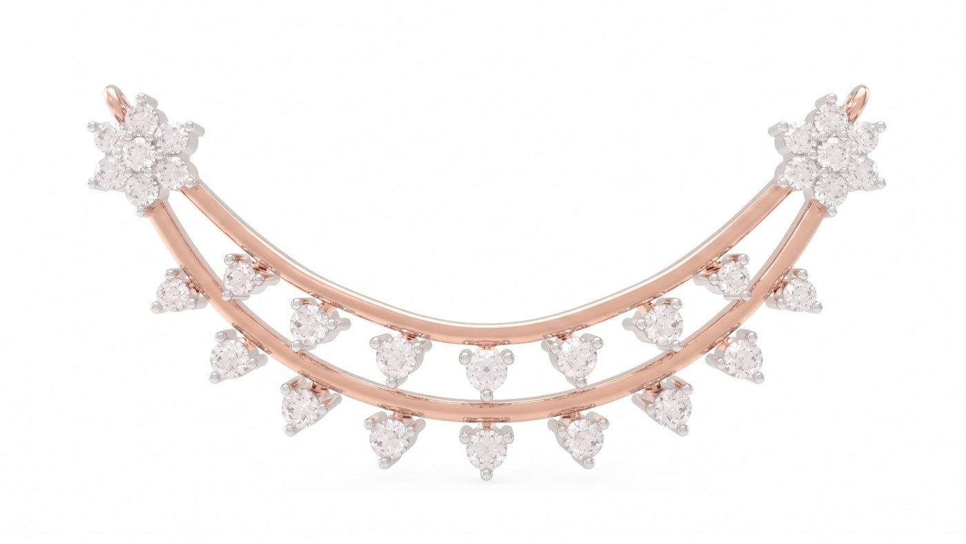A rose gold double-strand mangalsutra featuring diamond heart and flower motifs, set against a plain white background.