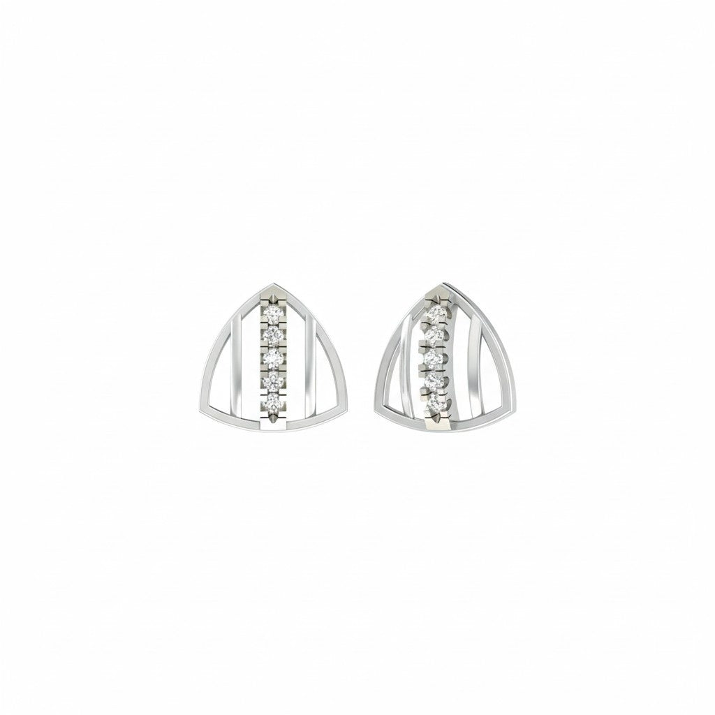 White gold and diamond stud earrings on a white background.
