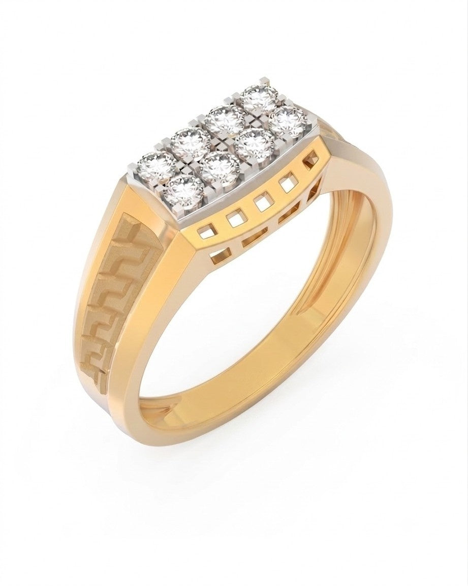 A yellow and diamond men's ring featuring a rectangular top set, shown on a white background.