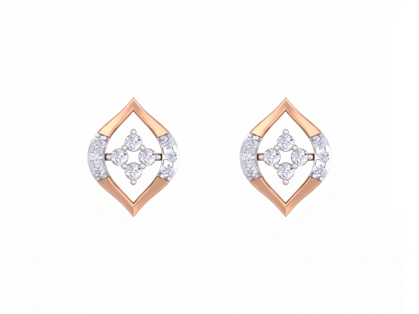 Rose gold and diamond stud earrings on a white background.