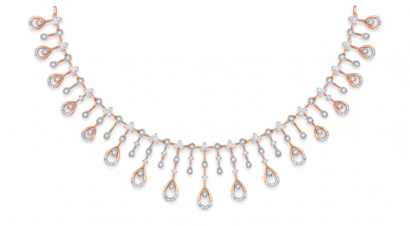 A rose gold and diamond necklace featuring a series of teardrop-shaped dangling drops, displayed against a solid white background.